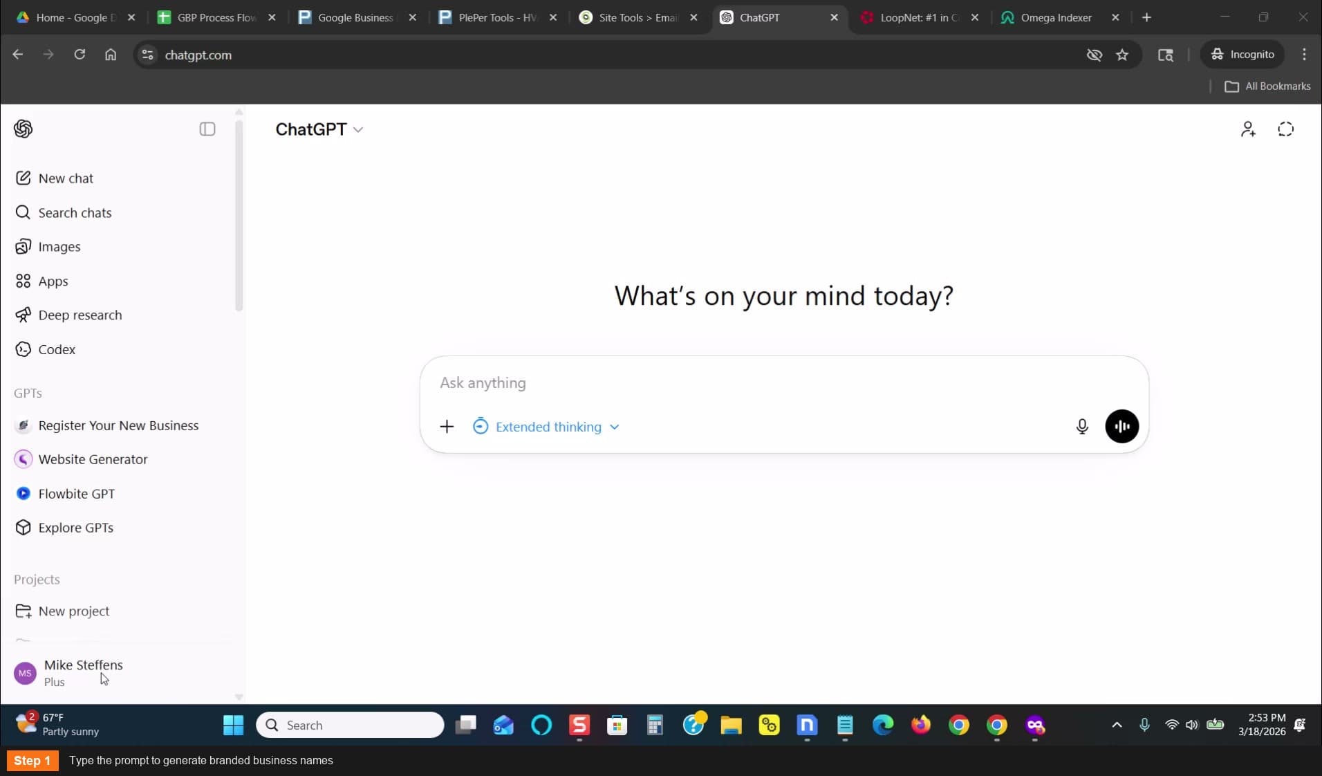 Type the prompt to generate branded business names
