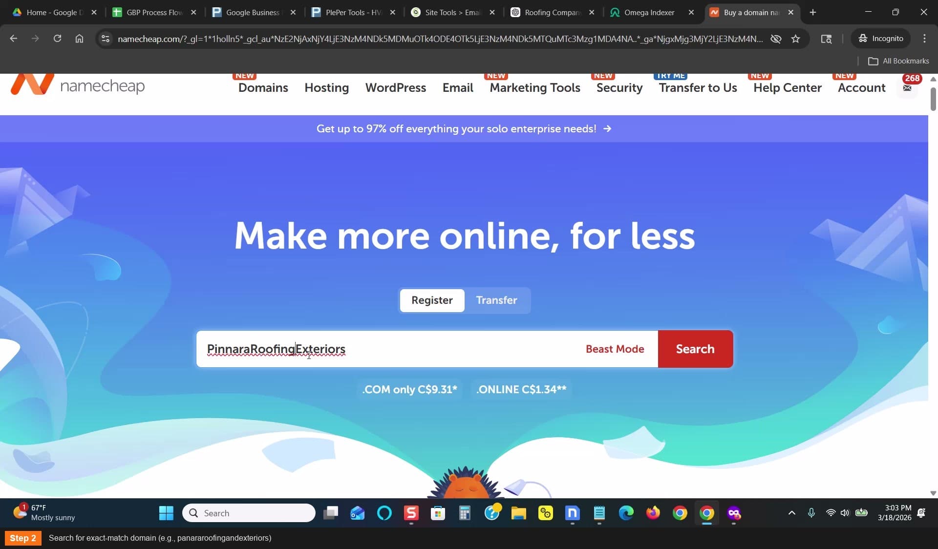 Search for exact-match domain