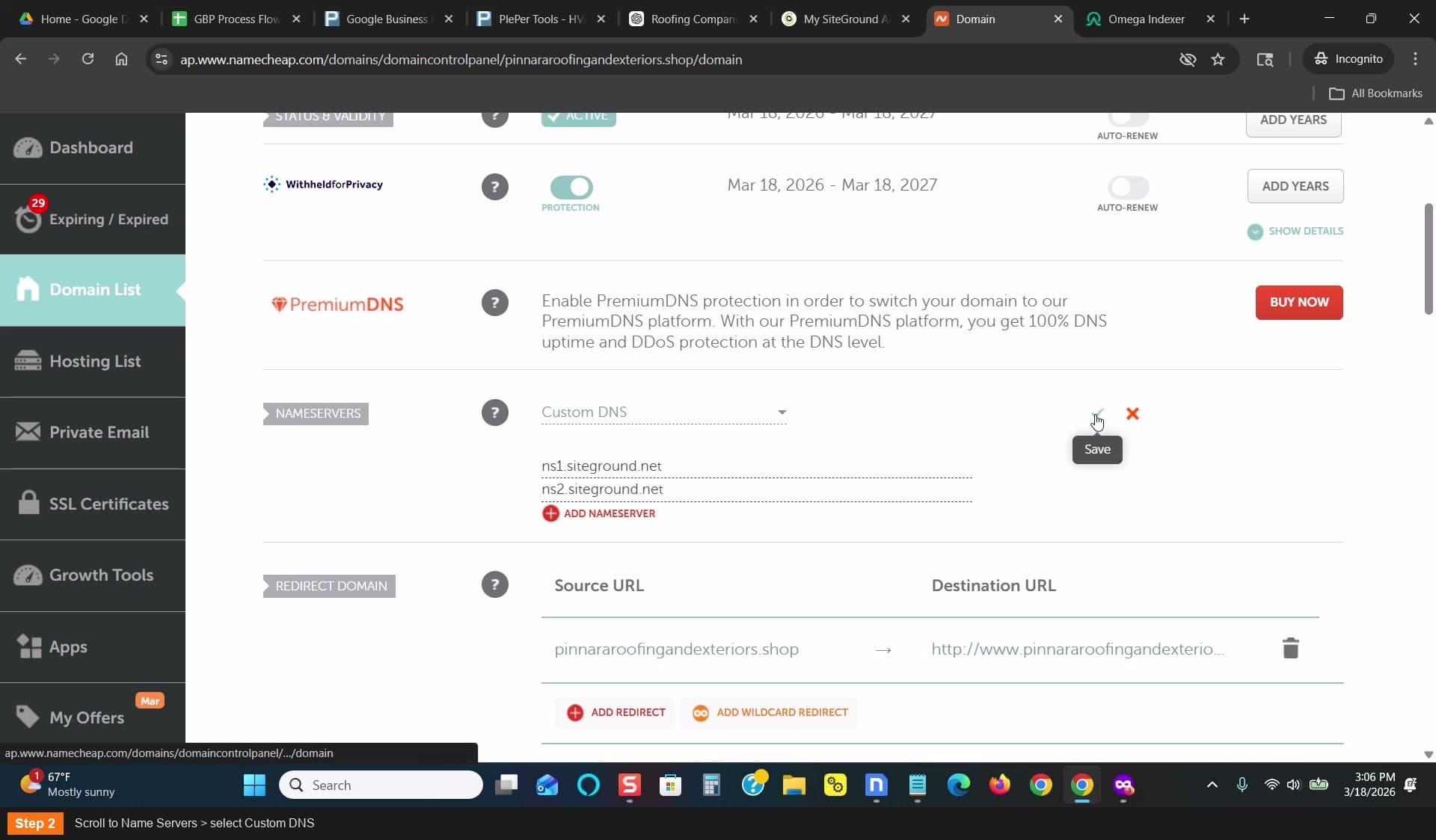Scroll to Name Servers > select Custom DNS