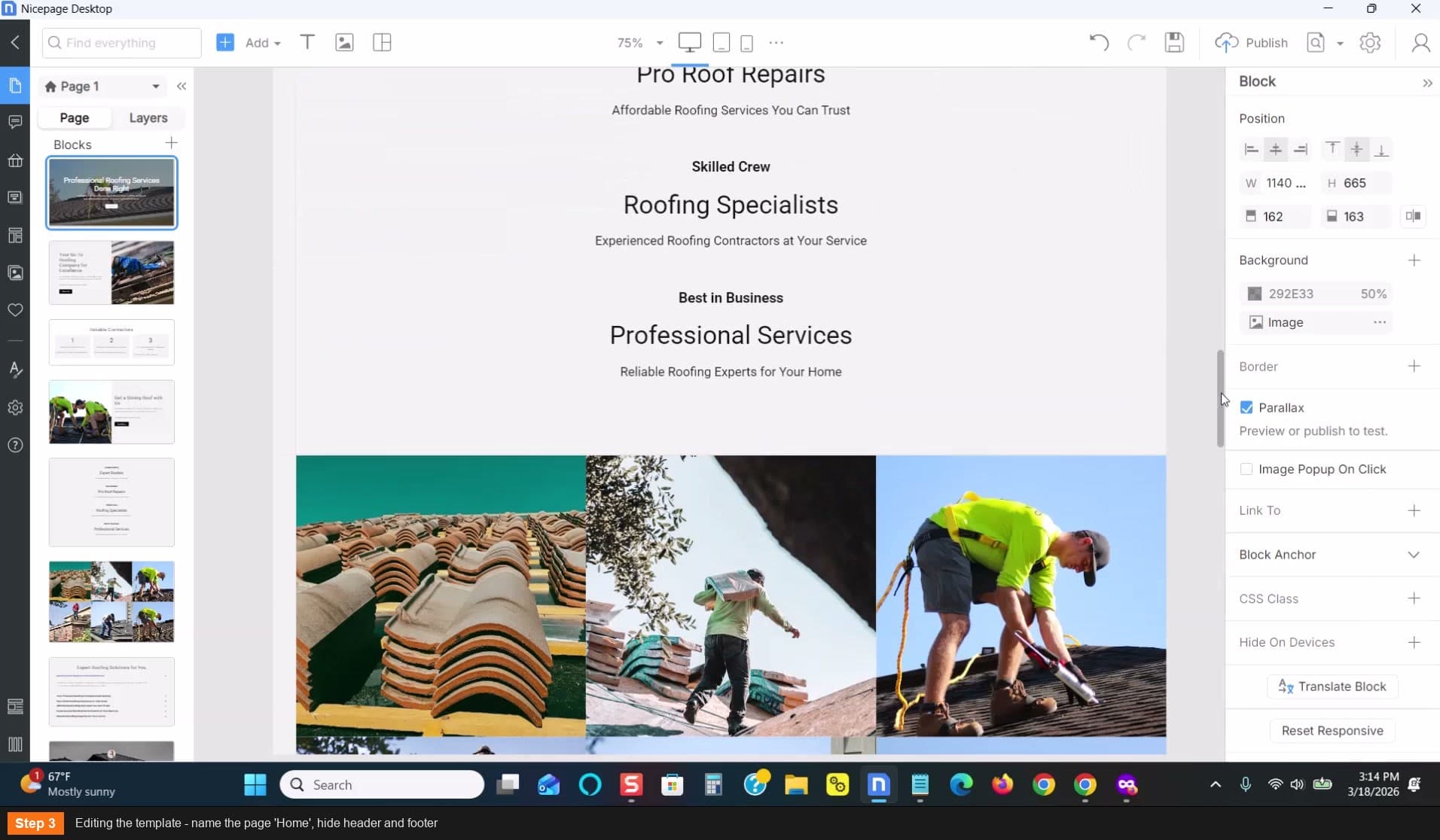 Name the page Home, hide header and footer