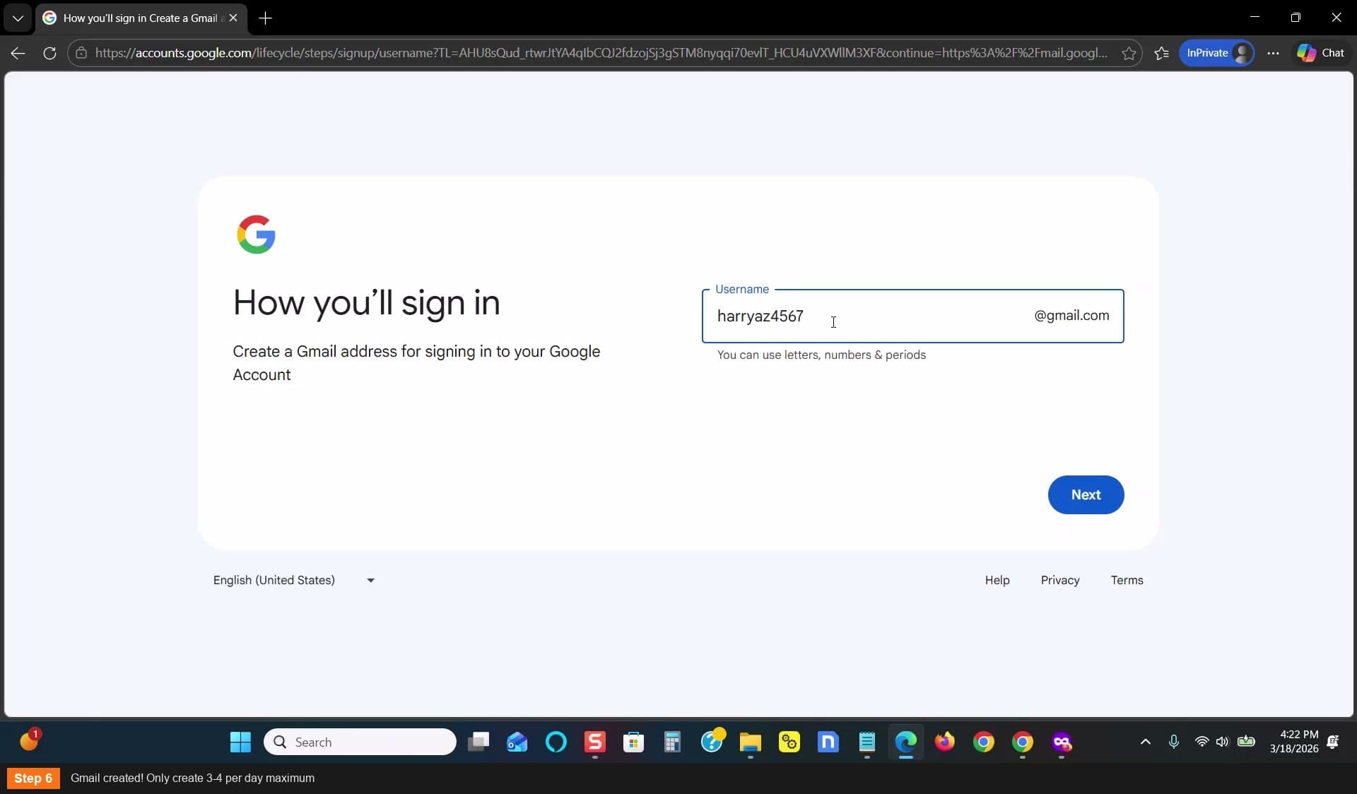 Gmail created! Only create 3-4 per day maximum