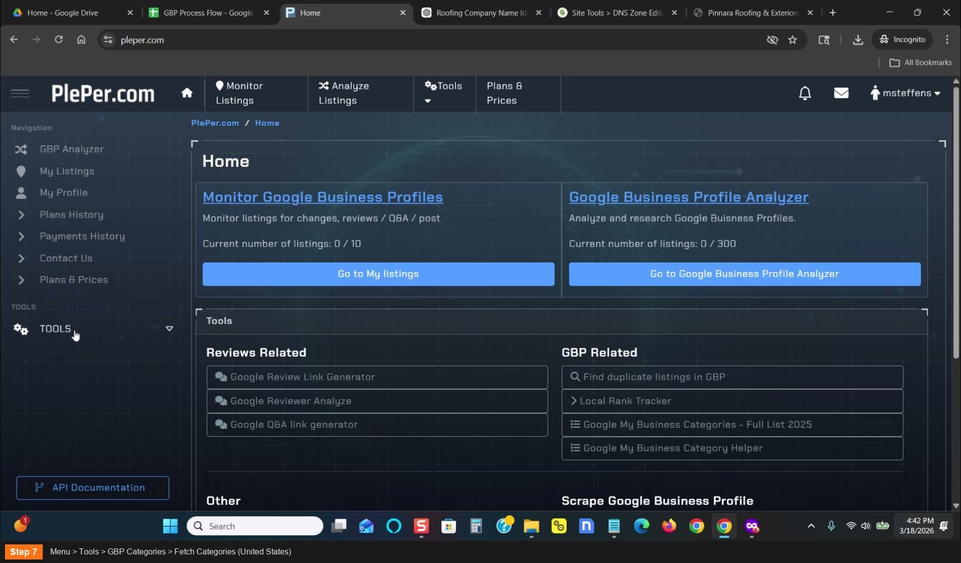 Menu > Tools > GBP Categories > Fetch Categories