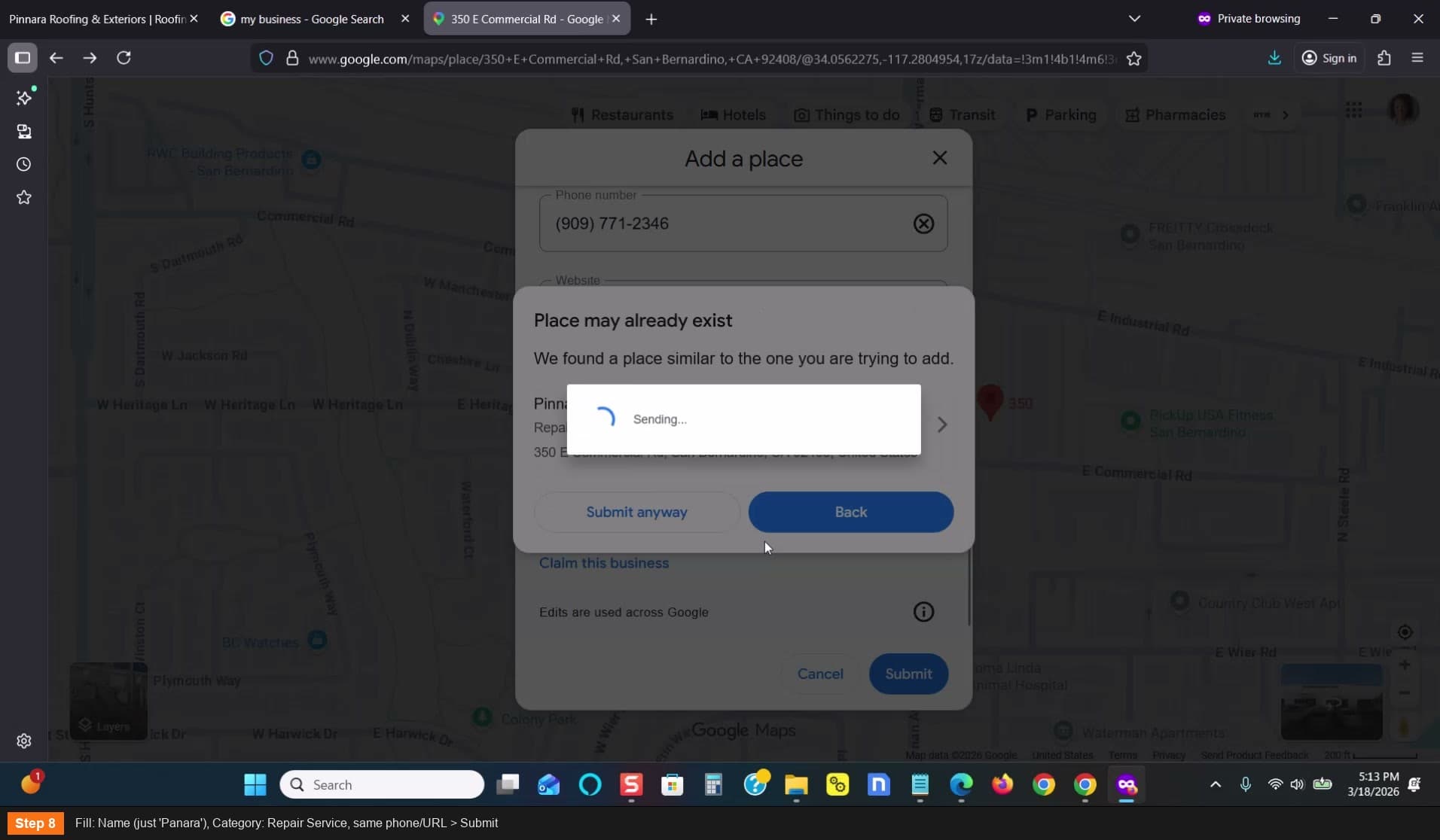 Fill: Name (just Panara), Category: Repair Service > Submit