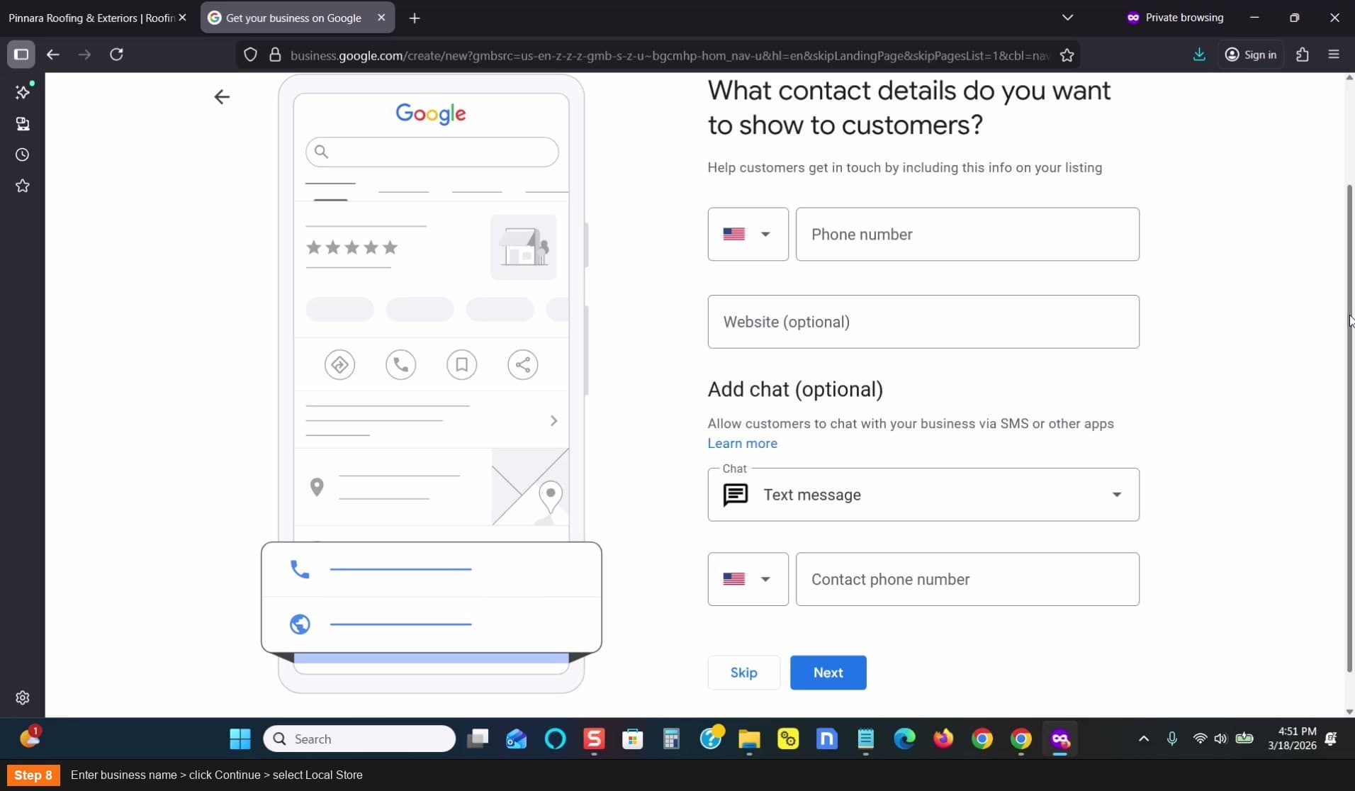 Enter business name > click Continue > select Local Store